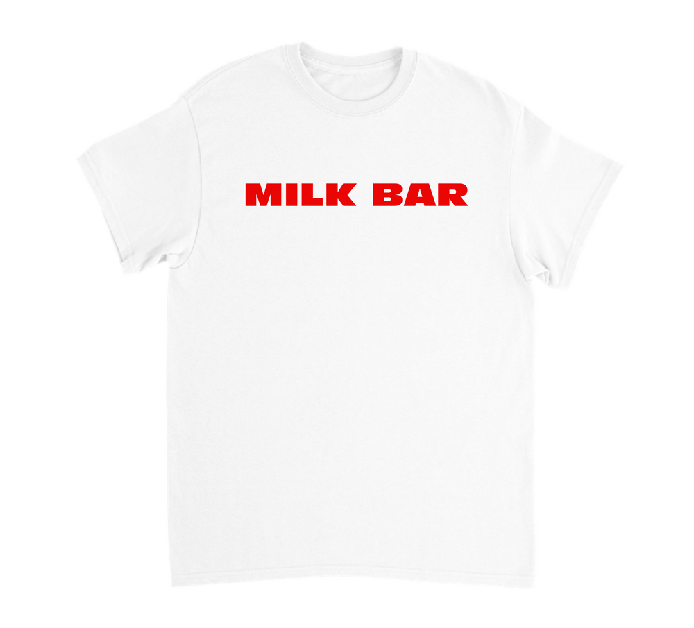 White MILK BAR Everyday Original Tee with bold red logo